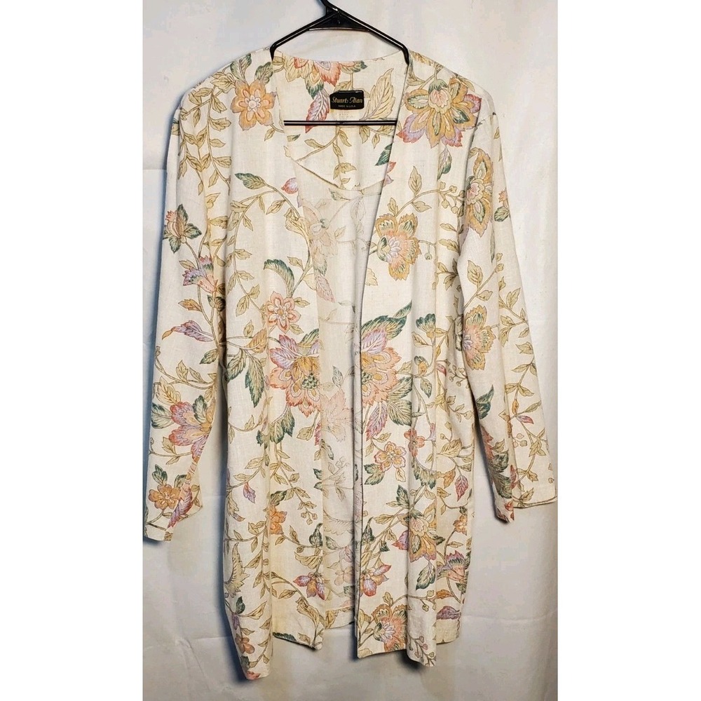 Stuart Alan Women's Flax Blend Open Mid‎ Length Jacket Floral Sz 16